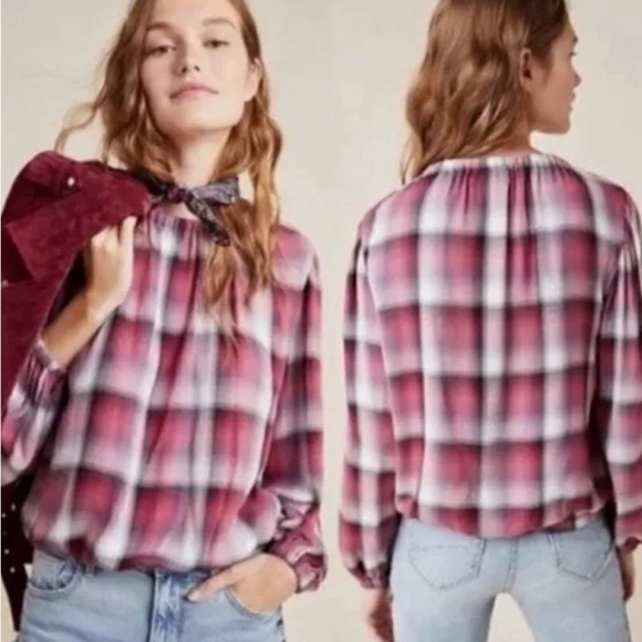 Cloth and Stone‎ Anthropologie Red Glacier Balloon Sleeve Top Size Medium EUC - Picture 2 of 7